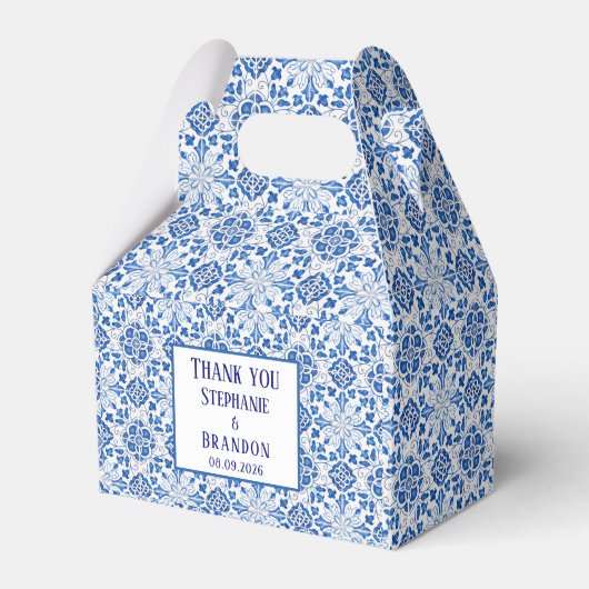 Portugees Tegels Blauw Mediterraans Bruiloft Bedankdoosjes (Voorkant Zijde)