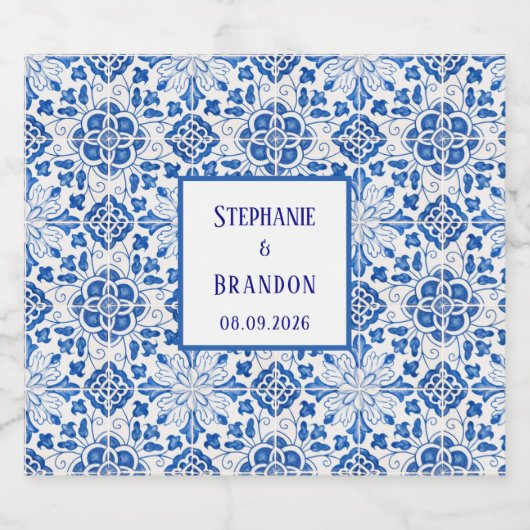 Portugees Tegels Blauw Mediterraans Bruiloft Bier Etiket (Enkel label)