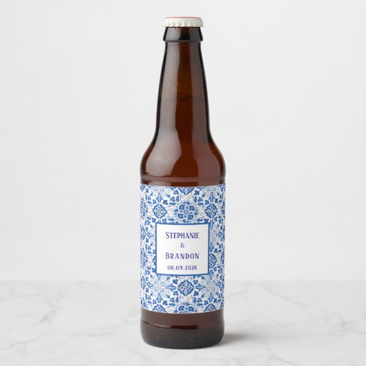 Portugees Tegels Blauw Mediterraans Bruiloft Bier Etiket (Voorkant)