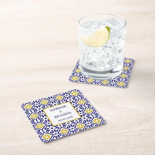 Portugees Tegels Blauw Mediterraans Bruiloft Kartonnen Onderzetters (Insitu)