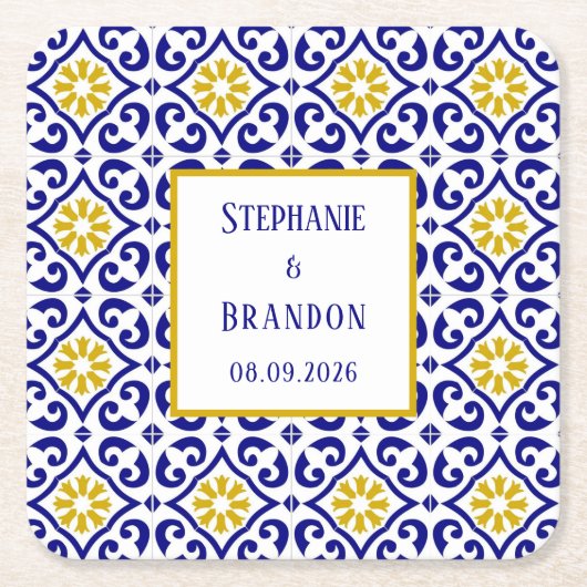 Portugees Tegels Blauw Mediterraans Bruiloft Kartonnen Onderzetters (Voorkant)
