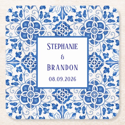 Portugees Tegels Blauw Mediterraans Bruiloft Kartonnen Onderzetters (Voorkant)
