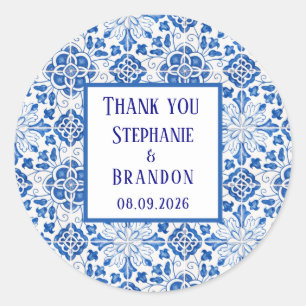 Portugees Tegels Blauw Mediterraans Bruiloft Ronde Sticker