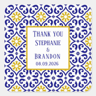 Portugees Tegels Blauw Mediterraans Bruiloft Vierkante Sticker