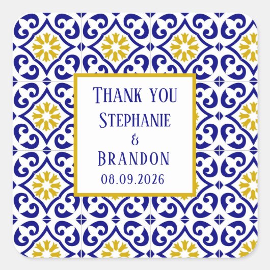 Portugees Tegels Blauw Mediterraans Bruiloft Vierkante Sticker (Voorkant)
