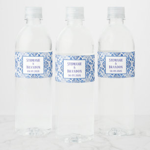 Portugees Tegels Blauw Mediterraans Bruiloft Waterfles Etiket