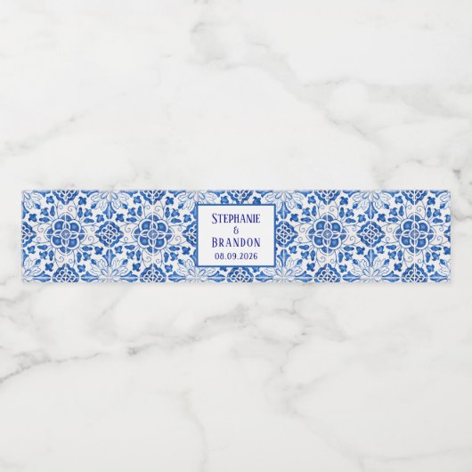 Portugees Tegels Blauw Mediterraans Bruiloft Waterfles Etiket (Enkel label)