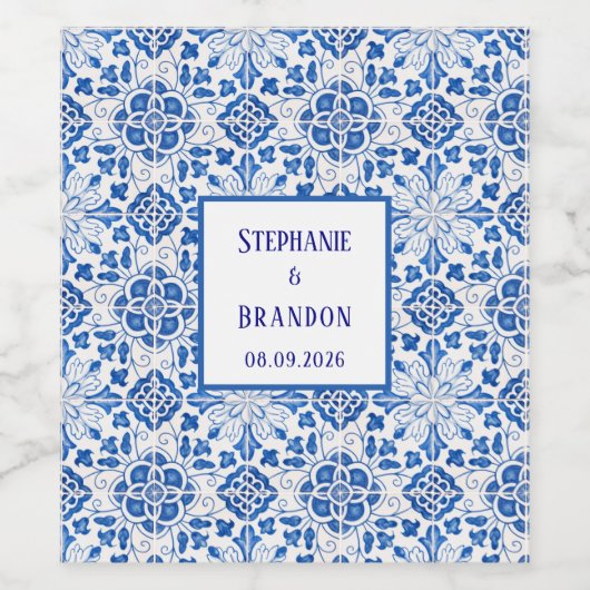 Portugees Tegels Blauw Mediterraans Bruiloft Wijn Etiket (Enkel label)