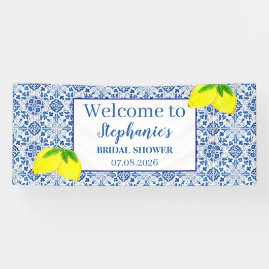 Portugees Tegels Blauw Rustiek Citroenen Vrijgezel Spandoek (Horizontaal)