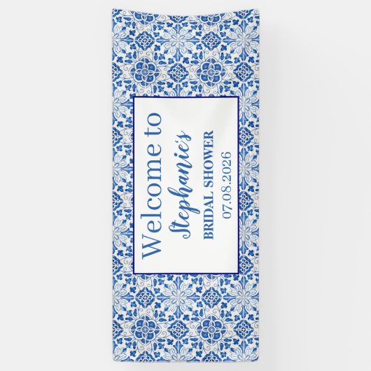 Portugees Tegels Blauw Rustiek Elegant Vrijgezelle Spandoek (Verticaal)