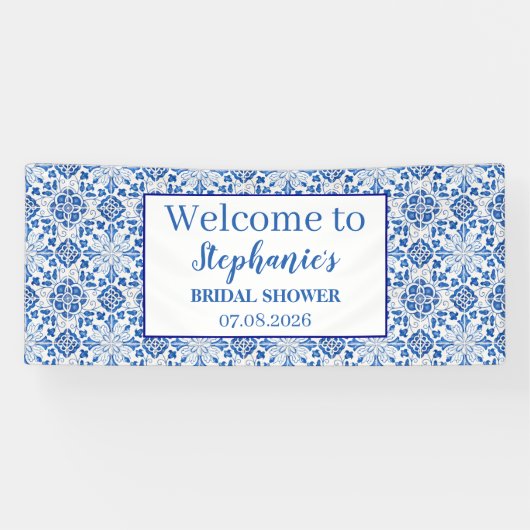 Portugees Tegels Blauw Rustiek Elegant Vrijgezelle Spandoek (Horizontaal)