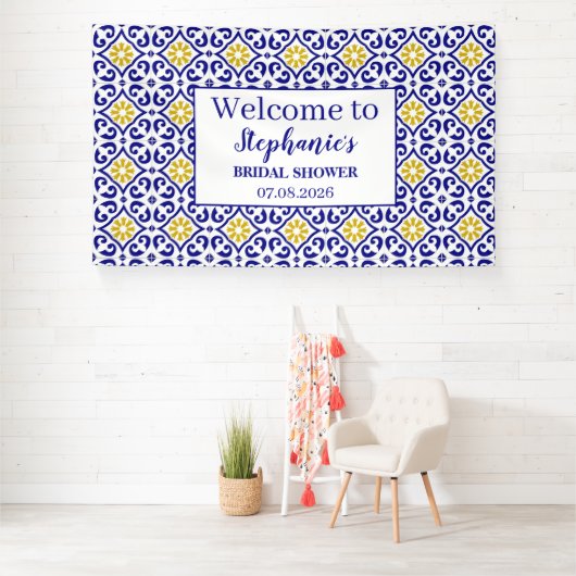Portugees Tegels Blauw Rustiek Elegant Vrijgezelle Spandoek (Insitu)