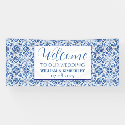 Portugees Tegels blauw rustieke elegante bruiloft Spandoek (Horizontaal)