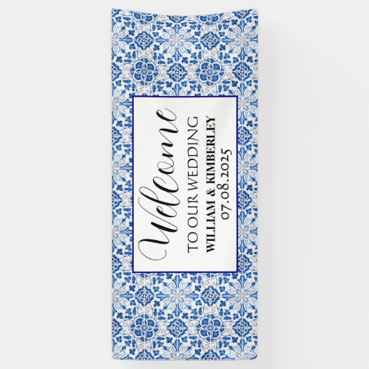 Portugees Tegels blauw rustieke elegante bruiloft Spandoek (Verticaal)