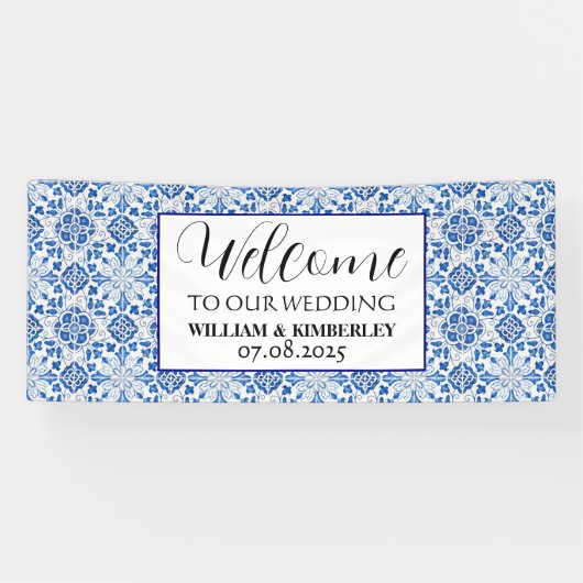 Portugees Tegels blauw rustieke elegante bruiloft Spandoek (Horizontaal)