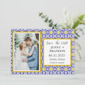 Portugees tegels blauw wit foto bruiloft save the date (Staand voorkant)