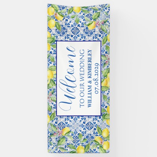 Portugees Tegels Citroenblauw Rustiek Elegant Huwe Spandoek (Verticaal)