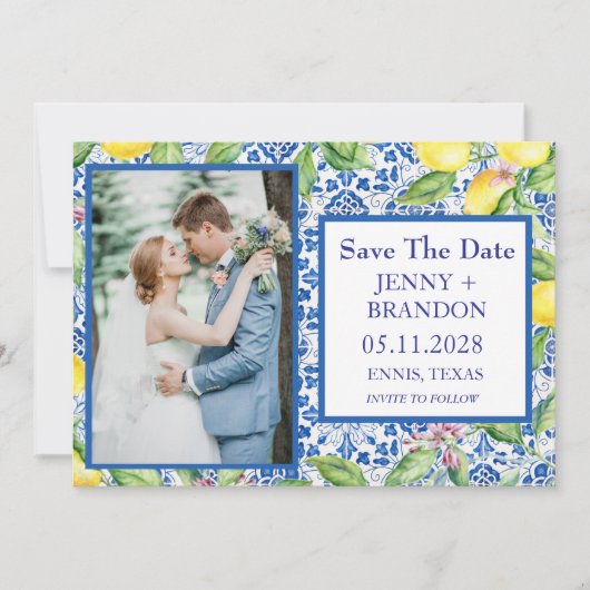 Portugees tegels Citroenen Wit Fotohuwelijk Save The Date (Voorkant)