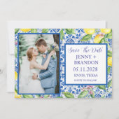 Portugees tegels Citroenen Wit Fotohuwelijk Save The Date (Voorkant)