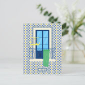 Portugees tegels en raam balkon met vogel briefkaart (Staand voorkant)