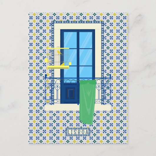 Portugees tegels en raam balkon met vogel briefkaart (Voorkant)