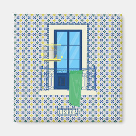 Portugees tegels en raam balkon met vogel magneet