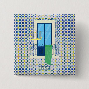 Portugees tegels en raam balkon met vogel vierkante button 5,1 cm