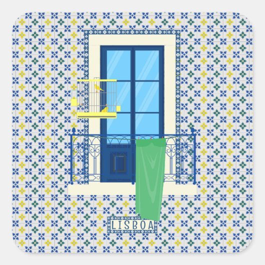 Portugees tegels en raam balkon met vogel vierkante sticker (Voorkant)