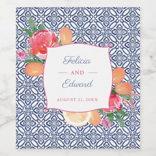 Portugees Tegels Kleurrijke Fruitbloemen Bruiloft Wijn Etiket (Enkel label)