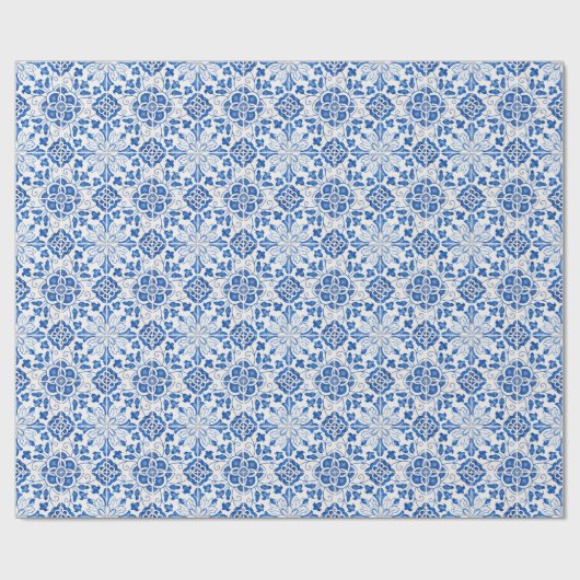 Portugees Tegels Mediterraan Blauw Bloemen Cadeaupapier (Vlak)