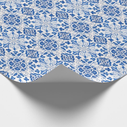 Portugees Tegels Mediterraan Blauw Bloemen Cadeaupapier (Hoek)