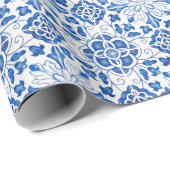 Portugees Tegels Mediterraan Blauw Bloemen Cadeaupapier (Rol Hoek)