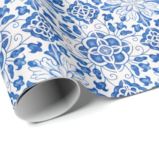 Portugees Tegels Mediterraan Blauw Bloemen Cadeaupapier (Rol Hoek)