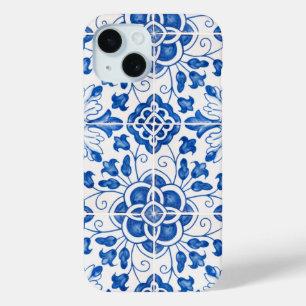 Portugees Tegels Mediterraan Blauw Bloemen iPhone 15 Case
