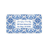 Portugees Tegels Mediterraan Blauw Bruiloft Etiket (Voorkant)