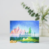 Portugees Verjaardag Roze Berg Briefkaart (Staand voorkant)