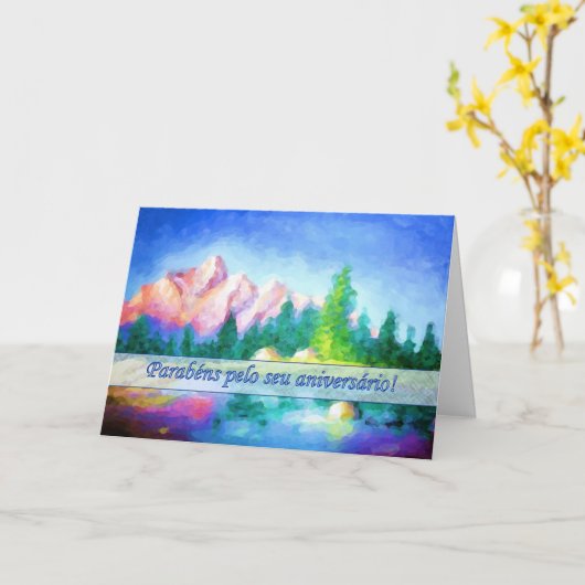 Portugees Verjaardag Roze Mountain Blue Sky Kaart (Gele Bloem)