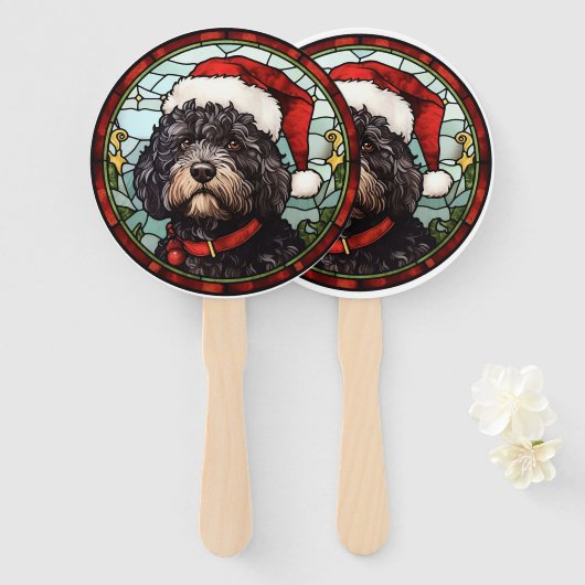 Portugees Water Dog Glas in lood Kerstmis Handwaaier (Voorkant en achterkant)