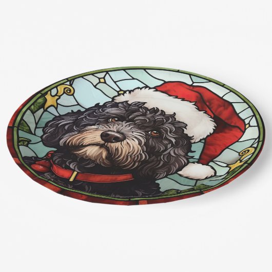 Portugees Water Dog Glas in lood Kerstmis Papieren Bordje (Gekanteld)