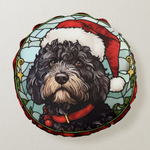 Portugees Water Dog Glas in lood Kerstmis Rond Kussen