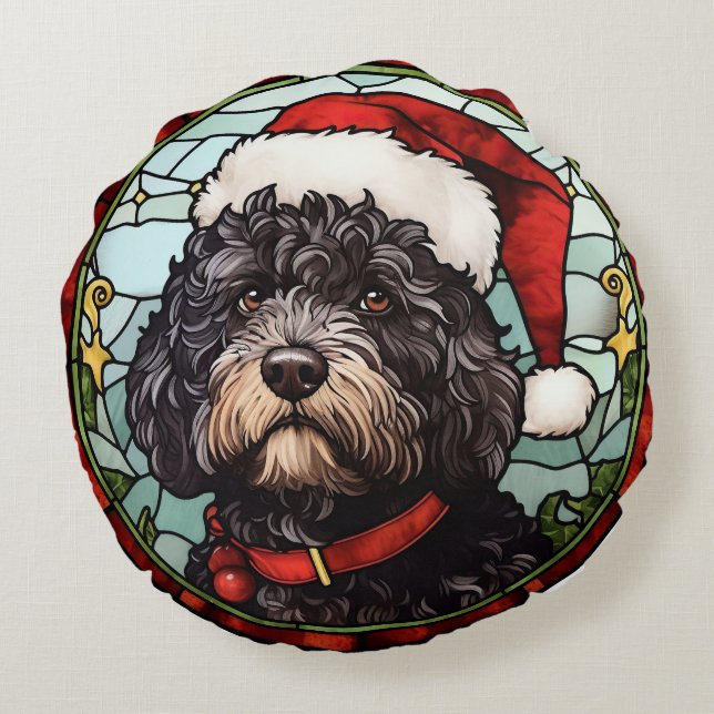 Portugees Water Dog Glas in lood Kerstmis Rond Kussen (Achterkant)