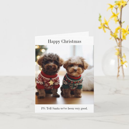 Portugees Water Dog Puppies Happy Christmas Kaart (Gele Bloem)