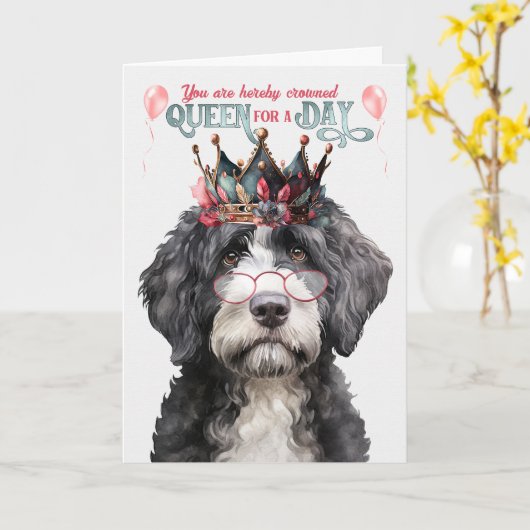 Portugees Water Hond Koningin voor Dag Grappige Ve Kaart (Gele Bloem)