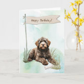 Portugees Water Hondenras onder Verjaardagsbord Kaart (Gele Bloem)