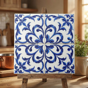 Portugese Azulejo Blauwe en Witte Bloemrijke Rolwe Tegeltje