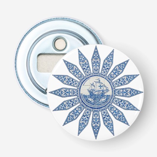 Portugese Azulejo Scheepskompasroos Flesopener Button Flesopener (Voorkant)