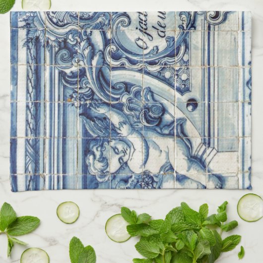 Portugese blauwe en witte tegels met engelen theedoek (Gevouwen)