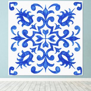 Portugese blauwe tegel centrale ronde medaillon canvas afdruk