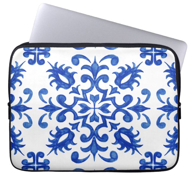 Portugese blauwe tegel centrale ronde medaillon laptop sleeve (Voorkant)