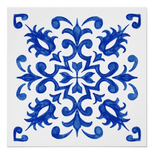 Portugese blauwe tegel centrale ronde medaillon perfect poster (Voorkant)